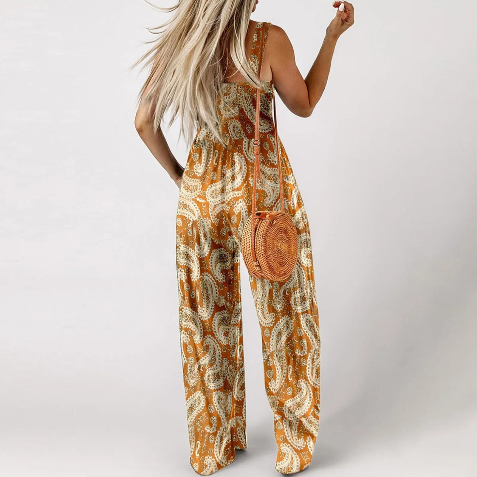 Women'S Suspender Jumpsuits Fashion Trend Pleated Shoulder Straps Printed Pocket Loose Wide Leg Jumpsuits Daily Casual All-Match