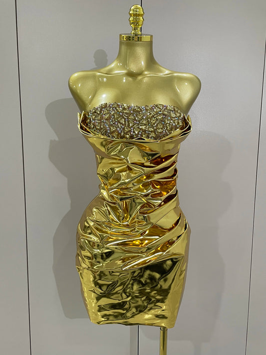 2025 New Sparkly Diamonds Crystal Sexy Mesh See Through Bodycon Mini Dress Women Birthday Party Celebrate Performance Costume Gold