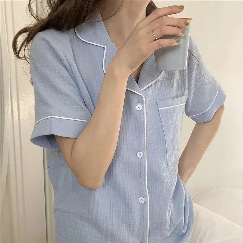 Summer Soft Cotton Linen Nightgown Women's ort Sve Home Clothes Two-Piece Set Cute Youth Polyester Fiber Thin Fabric