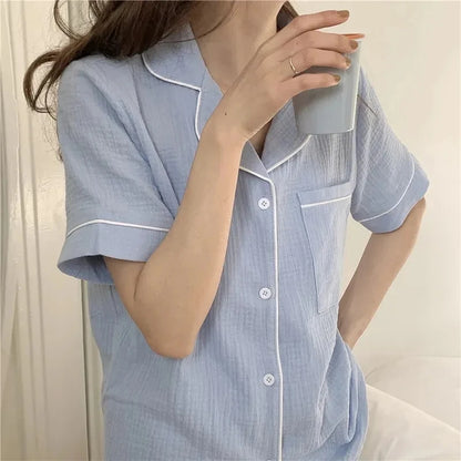 Summer Soft Cotton Linen Nightgown Women's ort Sve Home Clothes Two-Piece Set Cute Youth Polyester Fiber Thin Fabric
