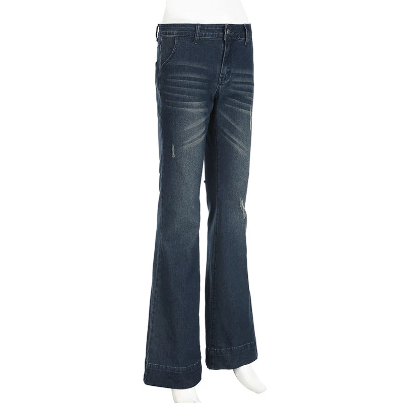 Weekeep Streetwear Low Rise Flared Jeans y2k Vintage Slim-fitting All-match Blue Denim Pants 2000s Casual Women's Jeans Harajuku
