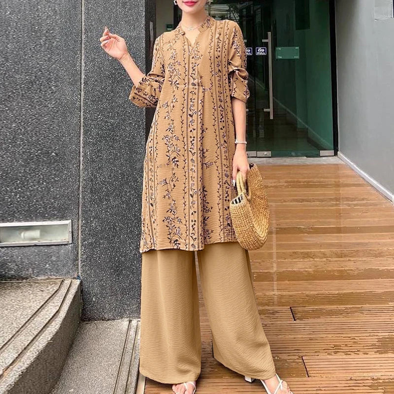 2025 ZANZEA Fashion Autumn Long Shirt Pant Suits Women Outfts 2 Piece Sets Long Sleeve Printed Tops Trousers Casual Tracksuits Badiee Stylez