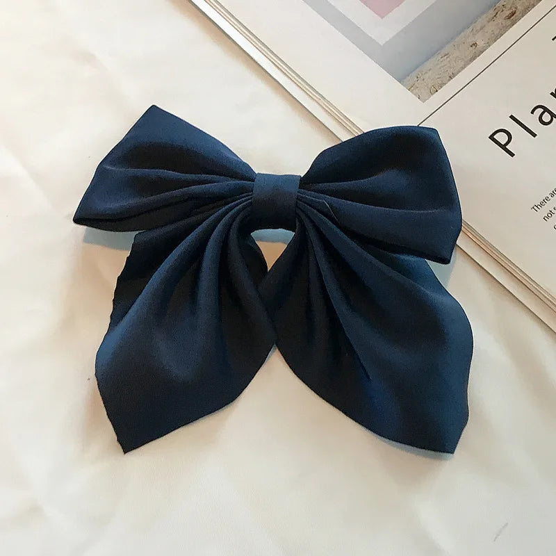 Solid Color Satin Bowknot Hair Clips For Girls Sweet Bow Women Hairpins Butterfly Barrettes Duckbill Clip Kids Hair Accessories 1-Navy Blue
