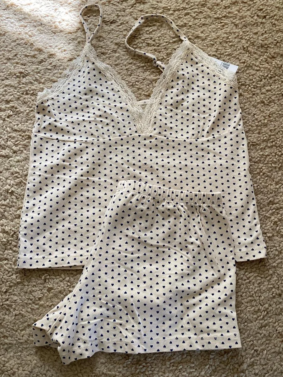 Blue Striped Tank Shorts Pajama Set Women Summer Sleeveless Crop Top+Elastic Waist Straight Short Pant Cotton Home 2 Piece Sets Navy heart set One Size