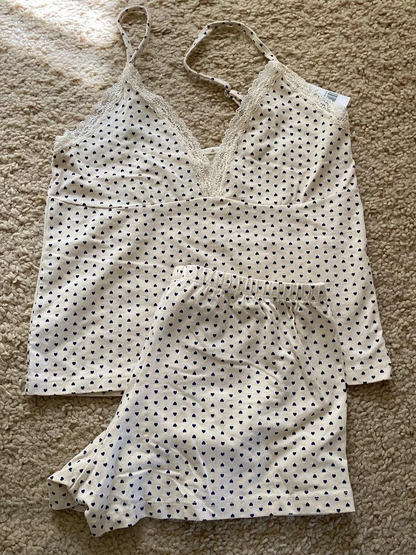 Blue Striped Tank Shorts Pajama Set Women Summer Sleeveless Crop Top+Elastic Waist Straight Short Pant Cotton Home 2 Piece Sets Navy heart set One Size