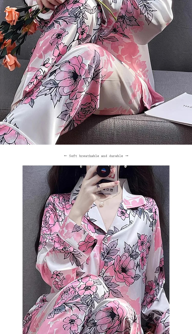 Korean Style Women's Two-piece Pajamas Sets Fashion Flower Print Faux Silk Satin Sleepwear Female Long Sleeve Pants Housewear
