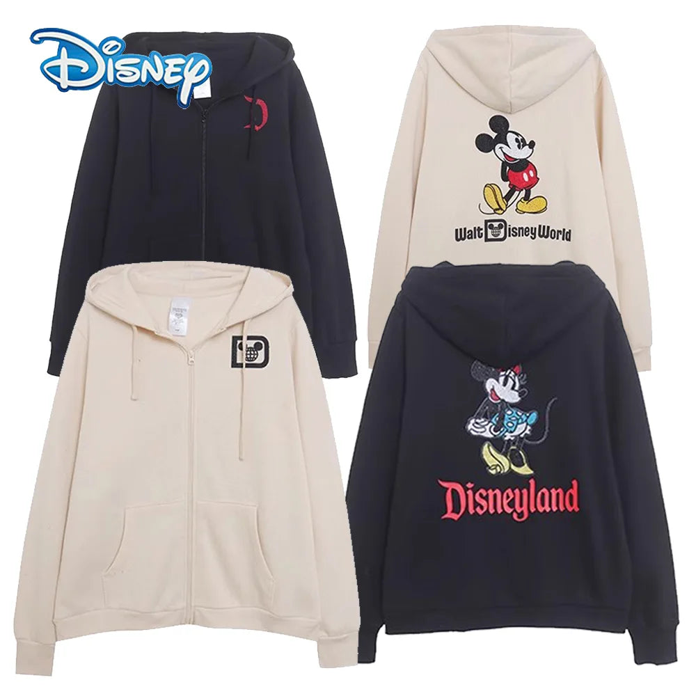 Disneyland Sweatshirt Castle Shining Mickey Disneyworld Letter Glitter Minnie Unisex Couple Women Zip Pocket Hooded Jumper Top