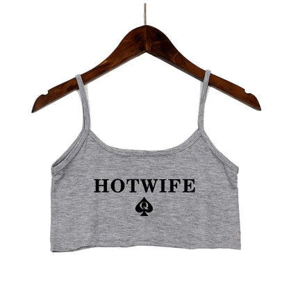 HOT WIFE Letters Print Female Sexy Crop Top Fashion Women's Sexy Elastic Cotton Camis Sleeveless Short Girls Tank Top Bar Women Light Gray 3
