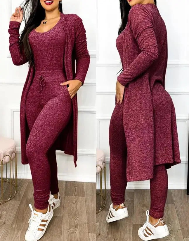 Two Piece Set Women Outfit 2023 Spring Fashion Drawstring Pocket Design U-Neck Sleeveless Skinny Jumpsuit & Long Sleeve Coat Set D