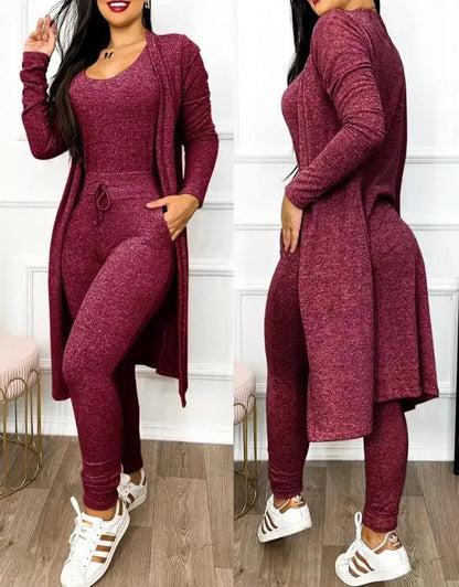 Two Piece Set Women Outfit 2023 Spring Fashion Drawstring Pocket Design U-Neck Sleeveless Skinny Jumpsuit & Long Sleeve Coat Set D