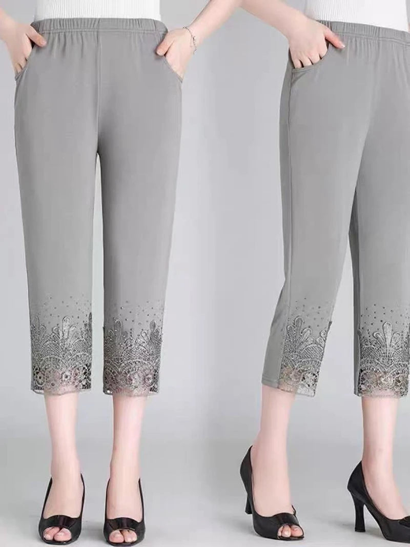 Hollow Out Diamond Studded Women's Summer Cropped Pants Fashionable Cool 2025 Casual Outdoor Pants New Street Pants GRAY