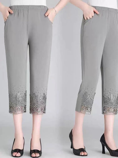 Hollow Out Diamond Studded Women's Summer Cropped Pants Fashionable Cool 2025 Casual Outdoor Pants New Street Pants GRAY