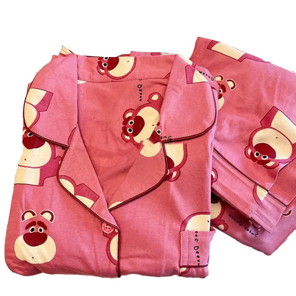 Disney Cartoon Strawberry Bear Home Outfit Women's Long Sleeved Pants Pijama Sleepwear for Sleeping Pajama Sets