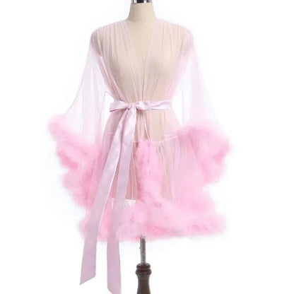 Sexy Feather Robe Large Size Seductive Mesh Perspective Sex Fur Bathrobe Passionate Waist Tightening Robe Dressing Gown Bridal