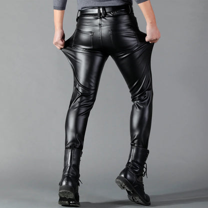 Men's Leather Pants Skinny Fit Elastic Fashion PU Leather Biker's Trousers Nightclub Party & Dance Pants Thin black