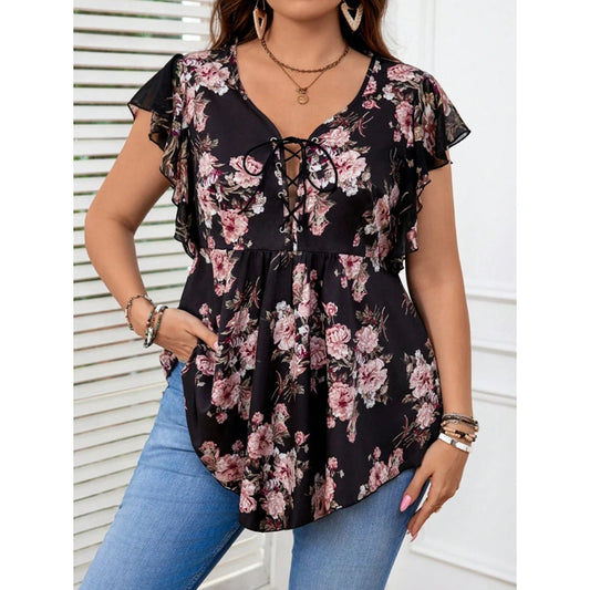 Plus Size Floral Printed Women’s Shirt Blouse Elegant Ruffle Sleeveless Lace-up V-Neck Female Summer Top Casual Vacation Blouses