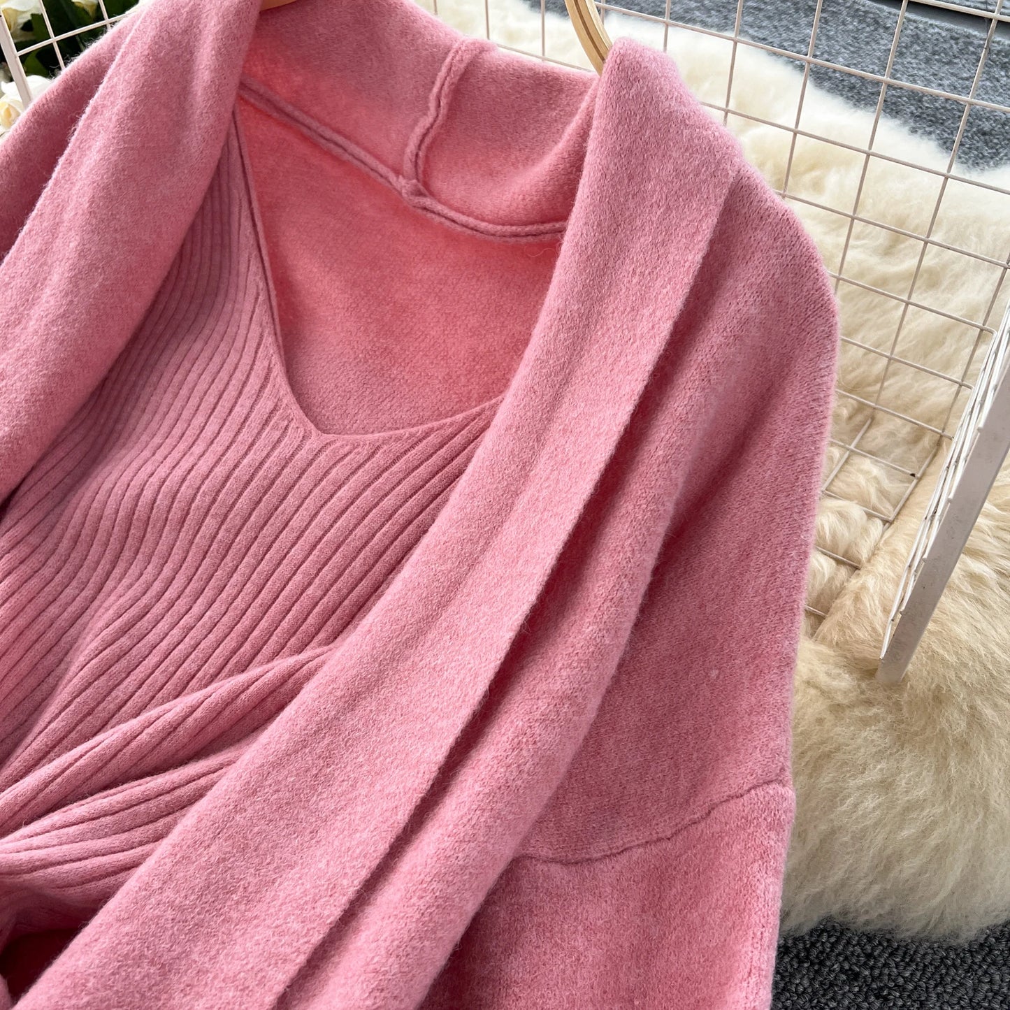 SINGREINY Autumn Knitted Two Pieces Sets Ladies Loose Knitting Cardigan+Spaghetti Strap Bodycon Dress Basic Solid Winter Suits Badiee Stylez