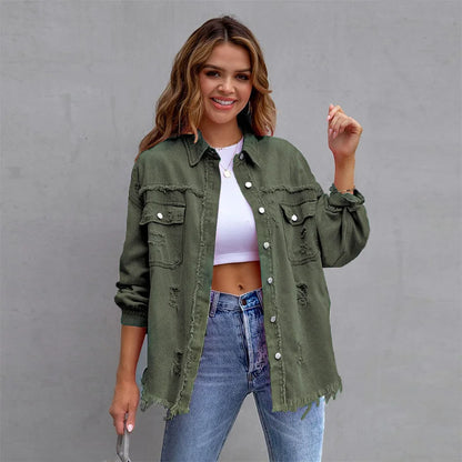 2025 Spring Autumn Shirt Style Denim Jacket Women Holes Raw-edges Jeancoat Casual Tops Female Oversize Loose Outerwear 7 Colors Army green