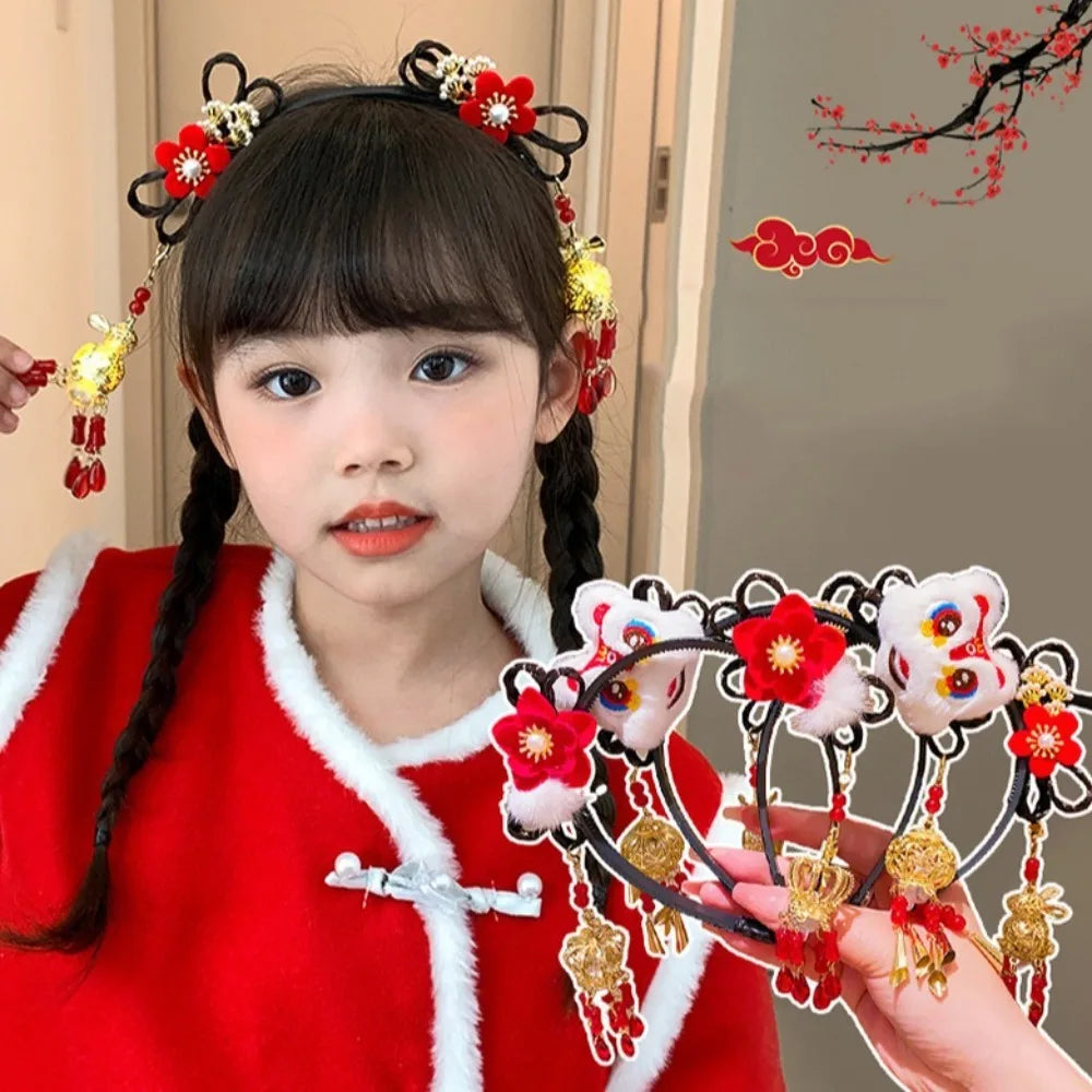 Glowing Hanfu Wig Headband Flower Tassel Chinese Style Luminous Lantern Headband Cute Red New Year Headdress New Year Dress Up