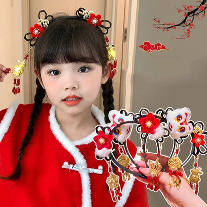 Glowing Hanfu Wig Headband Flower Tassel Chinese Style Luminous Lantern Headband Cute Red New Year Headdress New Year Dress Up
