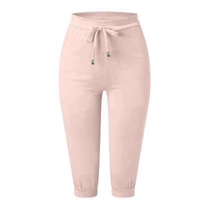 Classic Solid Color Jogging Pants Women Cotton Linen Capris Trousers Bandage Double Pocket Pants Summer Beach Vacation Wear