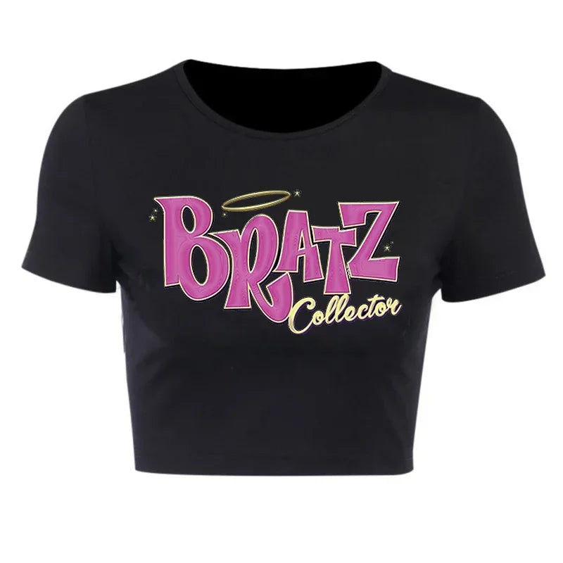 Streetwear 90s Summer New Y2k Women's Clothing Bratz Letter Printing Black Crop Tops O-neck Vintage Casual Short Sleeve T-shirts 30065-black-luqiz