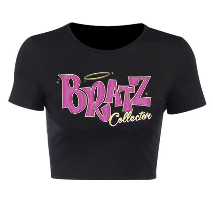 Streetwear 90s Summer New Y2k Women's Clothing Bratz Letter Printing Black Crop Tops O-neck Vintage Casual Short Sleeve T-shirts 30065-black-luqiz