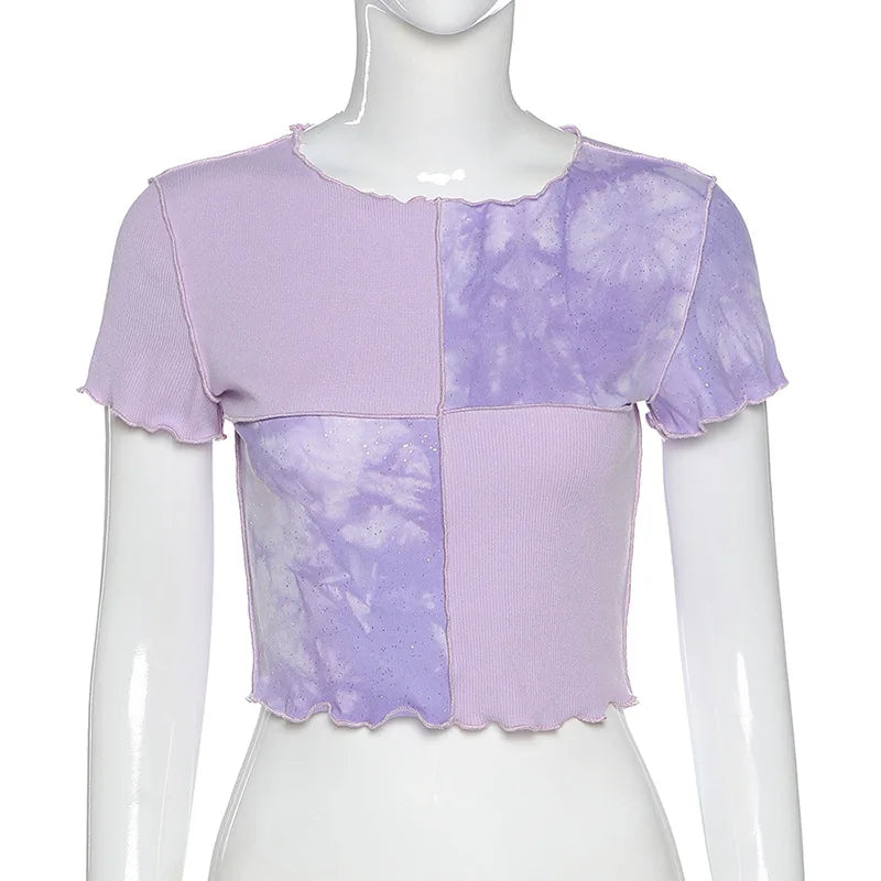 Chic Crop Tops Tees Tie Dye With Sequin Patchwork Women Summer T-shirts Ruffles Hem Purple Or Bule Clothes