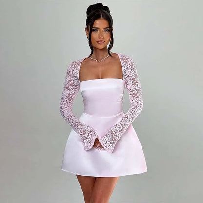 Townlike Lace Patchwork Waist Wrap A-line Dress Women Mini 2024 Autumn Winter Dress Backless Nightclub Sexy Party Dresses Pink