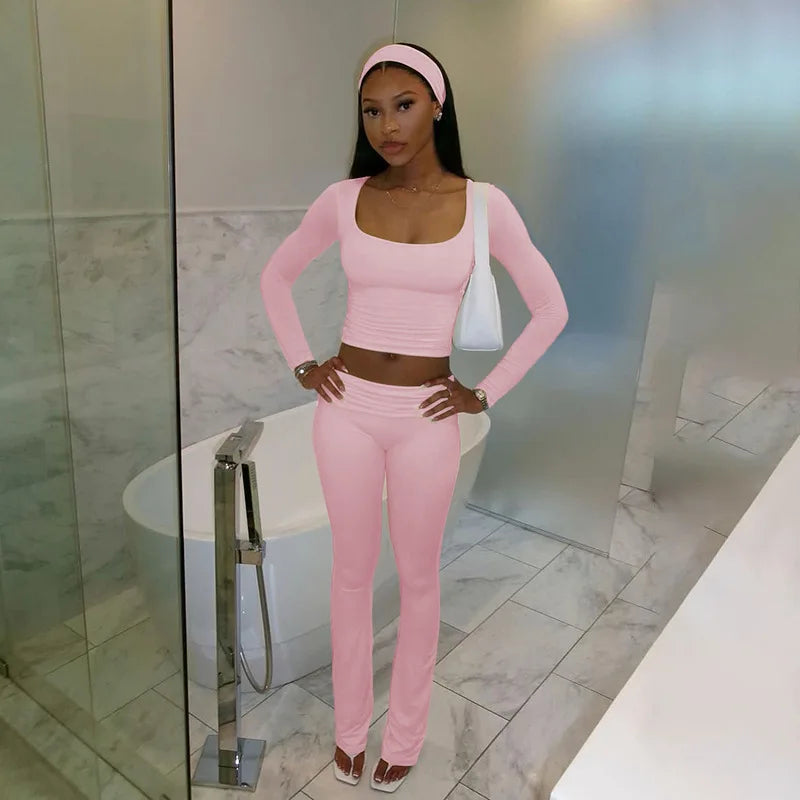 Fashion Soild Women's Set Long Sleeve Yellow U Neck Shirt and Flared Pants 2024 Elegant Tracksuits Two 2 Piece Set Outfits Pink