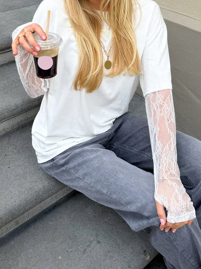 Women Round Neck T-Shirt Lace Long Sleeve Casual Shirts Spring Fall Loose Fit Tops Ladies Solid Color Tee for Streetwear Y2K 00s