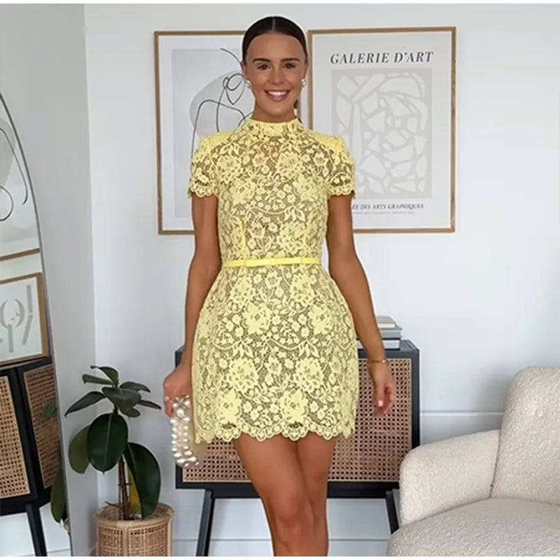 Women Fashion Yellow Lace Hollow Out Mini Dress Elegant Short Sleeve High Waist Bodycon Dresses Sexy Party Street Lady Vestidos