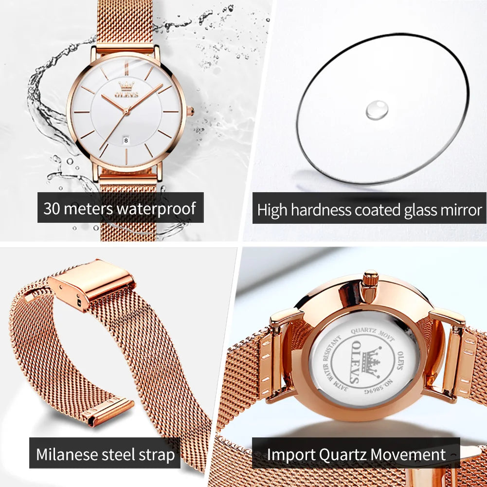 OLEVS Watch For Women Japan Quartz Movement 6.5mm Case Thickness Waterproof Ladies Hand Clock Calendar Fashion Dress Wrist Watch