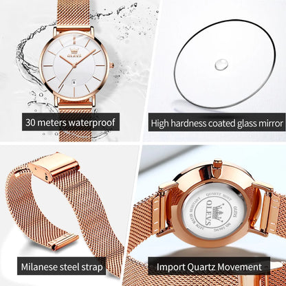 OLEVS Watch For Women Japan Quartz Movement 6.5mm Case Thickness Waterproof Ladies Hand Clock Calendar Fashion Dress Wrist Watch