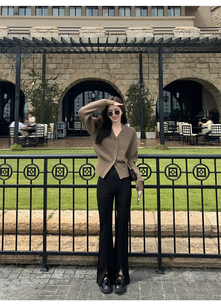 AOSSVIAO Knitted Casual Cardigan 2025 Autumn Winter Elegance Solid Color V-neck Sweater Unique and Niche Slim Fit Tops Badiee Stylez