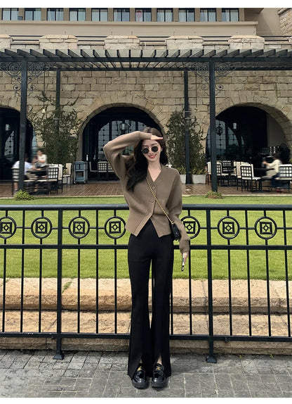 AOSSVIAO Knitted Casual Cardigan 2025 Autumn Winter Elegance Solid Color V-neck Sweater Unique and Niche Slim Fit Tops Badiee Stylez