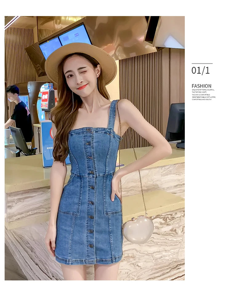 Denim Dress Summer Spaghetti Strap Sundress Vintage Casual Solid Retro Chic Sexy Jeans Button Front Blue Party Dress Women 2022