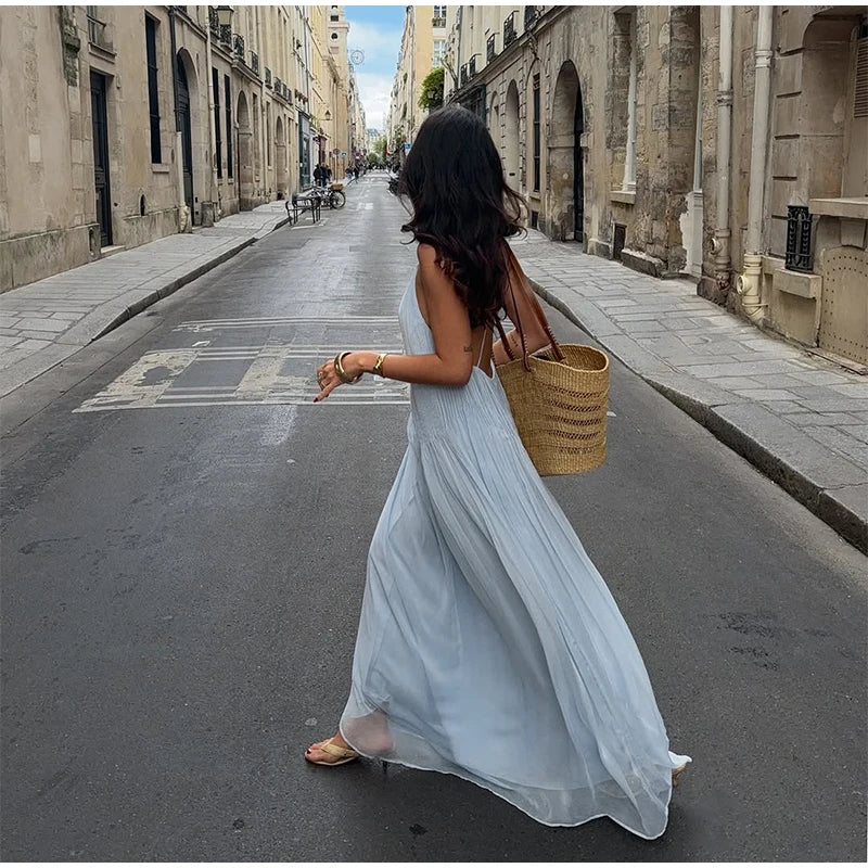 Fashion Solid Pleated Jumpsuit Women Chic Sleeveless U Neck Backless Loose Vacation Pants Set 2025 Summer Holiday Street Outfit