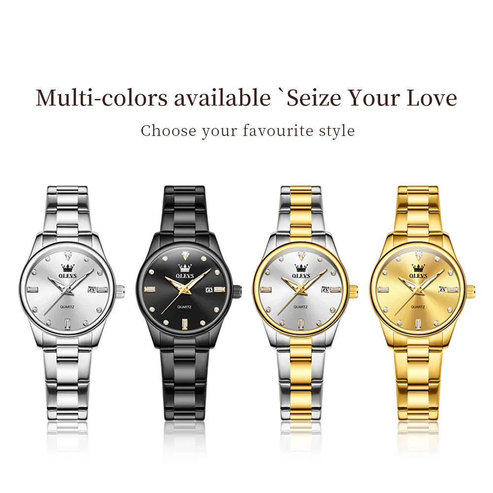 OLEVS Elegant Fashion Brand Women's Watches Gold Waterproof cCalendar Quartz Watch for Lady Stainless Steel Original Wristwatch