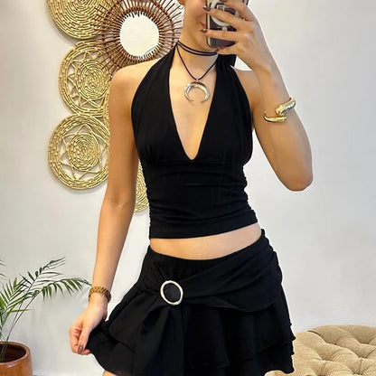 TRAF Halter Top Women Off Shoulder Deep V-Neck Crop Top y2k Sexy Backless Tank Top Street Style Casual Women's Summer Tops 2025