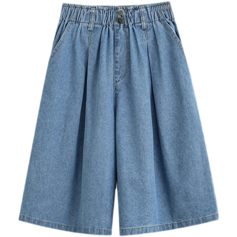 High Waist Wide Leg Loose Denim Shorts Women 2024 Summer New Arrivals Half Length Blue Color Jeans Shorts Korean Casual Jeans