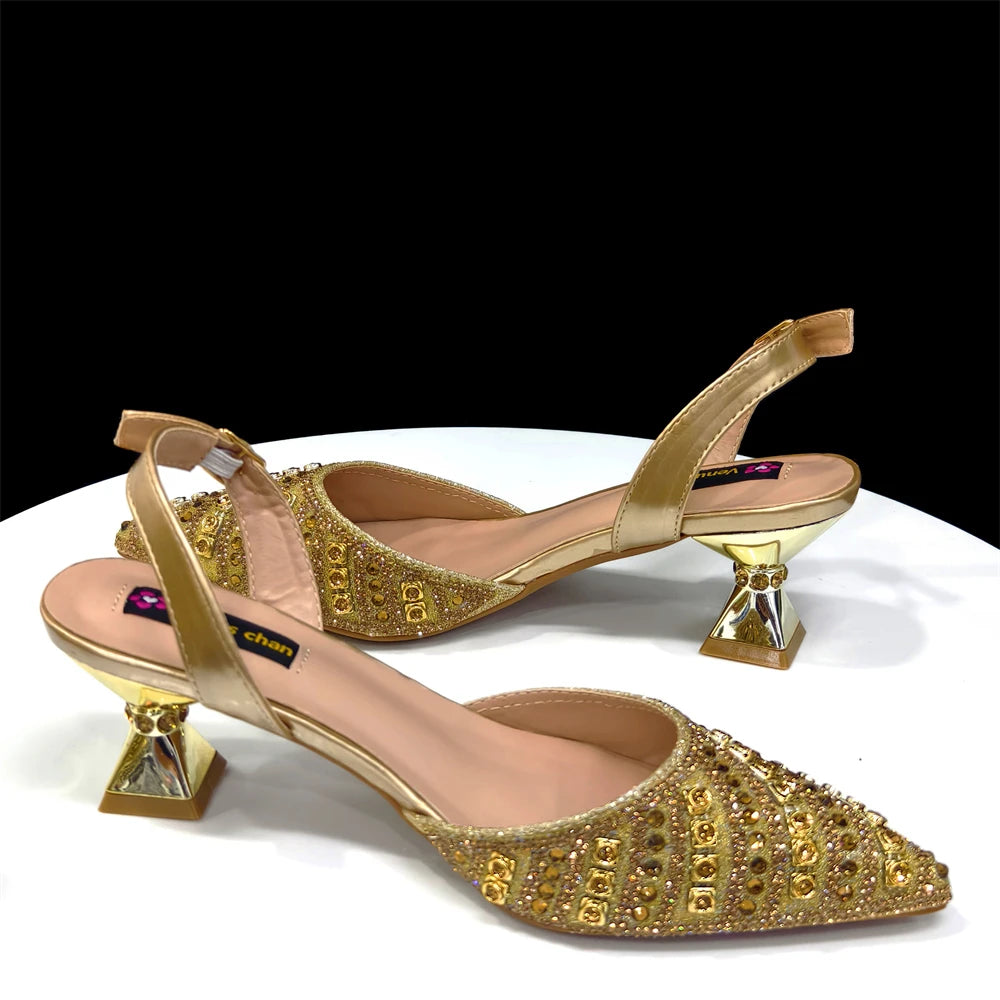 2025 Luxurious Italian Women's Party Shoes & Bag Set – Elegant Golden Rhinestone Spring/Summer Sandals with Pointed High Heels f