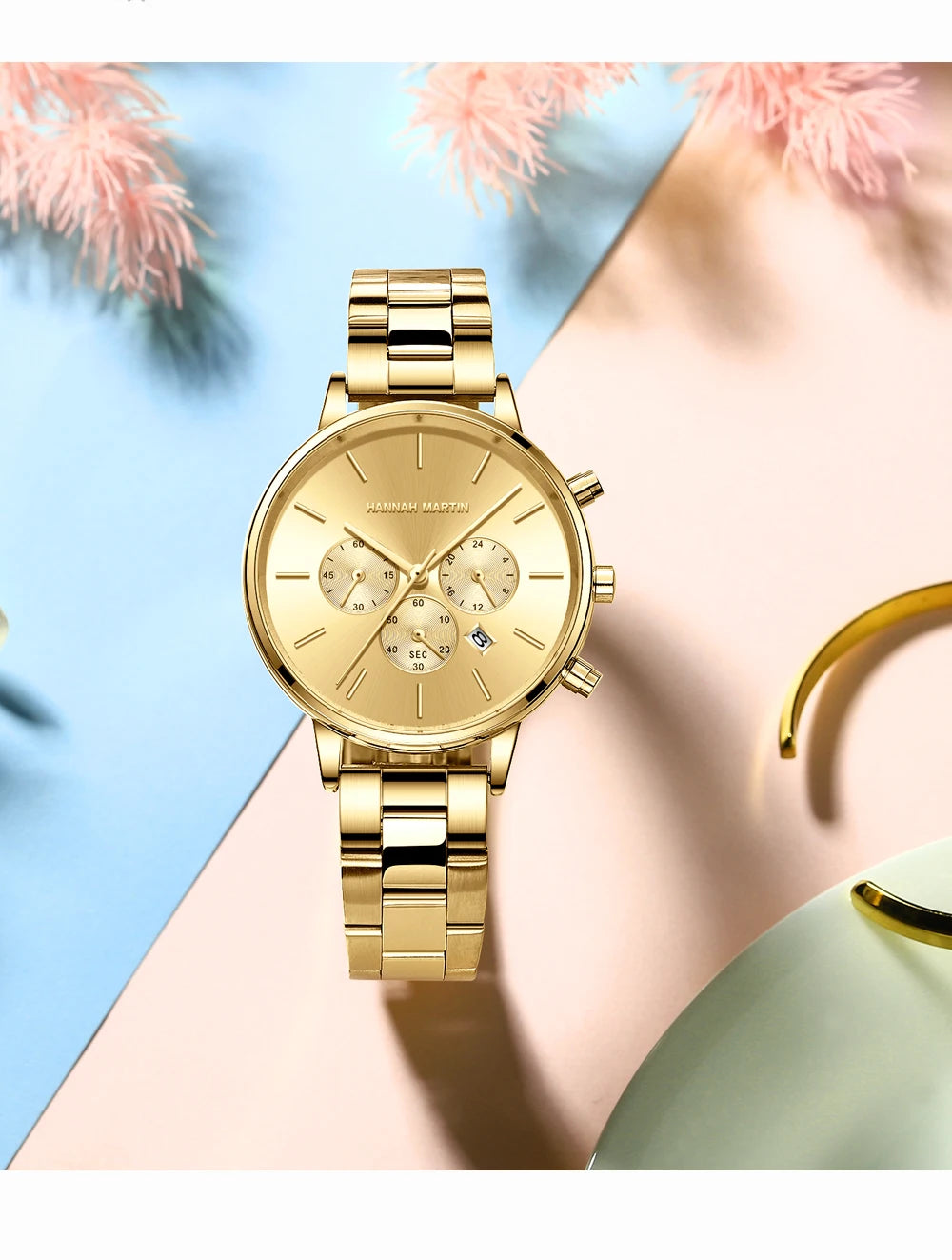 HANNAH MARTIN Brand Women Multifunctional Watch Original Stainless Steel Rose Gold 36mm Quartz Movement Casual Banquet Wristatch