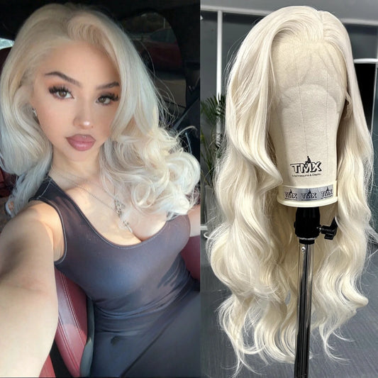 Platinum Blonde Long Wavy Synthetic Wig Free Part Loose Wave Natural Curly 13X4 Lace Front Wigs for Women Daily Party Cosplay Badiee Stylez