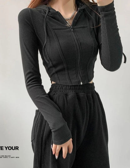 Thin Hooded Cardigan Women Korean Vintage Slim Summer Solid Sports Jacket Vertical Pit Stripe Zipper Female Sexy Cropped Tops