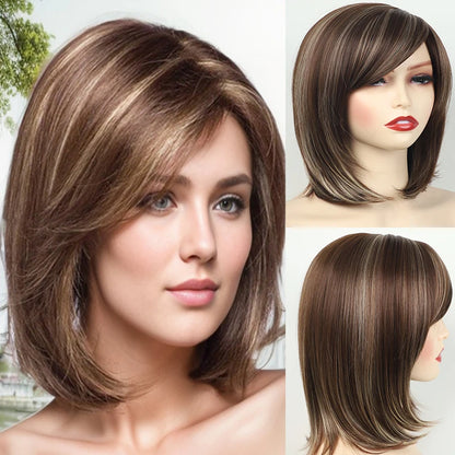Women's Fashion Bob Hair Short Blonde Bob Wigs with Bangs Black Roots Straight Synthetic Ombre Hair Party Wig for Lady #3 CHINA