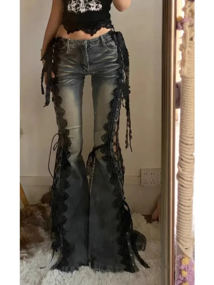 Retro Eyelets Lace Up Flare Jeans Stitch Lace Whiskers Low Rise Split Bootcut Pants Women Bell Bottoms Streetwear Y2k Aesthetic Blue