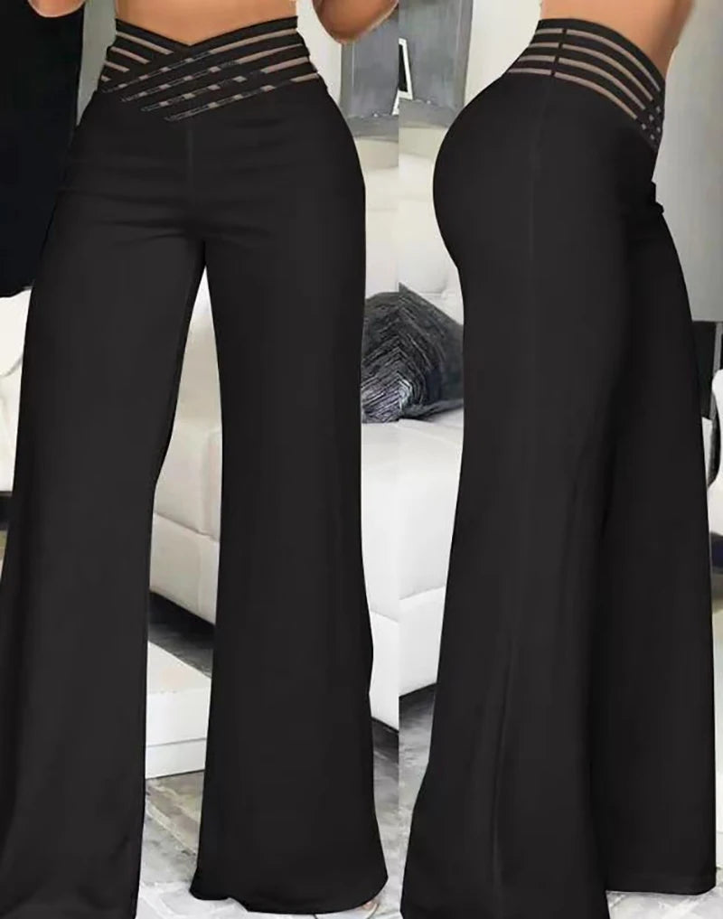 Women Flared Pants Elegant Office Lady Casual High Waist Trousers Spring Summer Solid Crisscross Sheer Mesh Patch Wide Leg Pant black