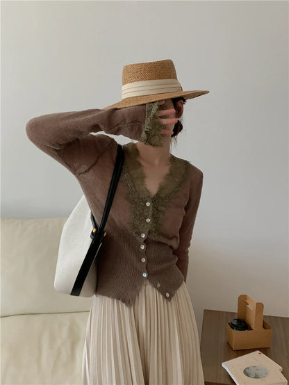 High-fashion Kawaii Botton Up Lace Patchwork Knitted Cardigan Women Autumn Winter Ladies Elegant Vintage Sweater Cheap Wholesale