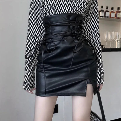 Black Leather Mini Skirts Women Gothic High Waist Slim Fit Lace Up Pencil Skirt Female Sexy Club Back Zipper Split Bag Hip Skirt
